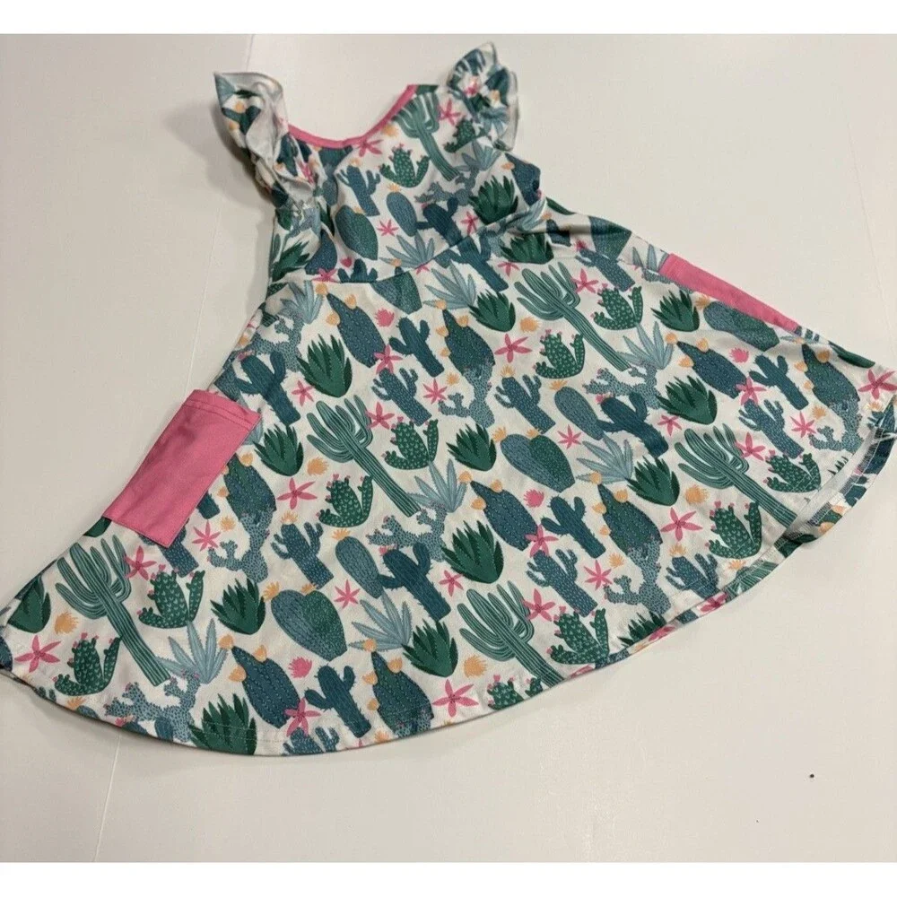 Okie and Lou Girls Multicolor Cactus A-Line Flutter Dress Pockets Bow Sz Xl